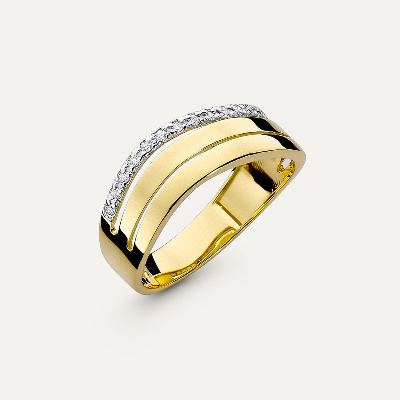 Złoty pierścionek potrójna obraczka z brylantami Modern