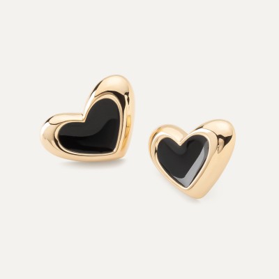 Asymmetrical heart earrings with black resin, sterling silver 925