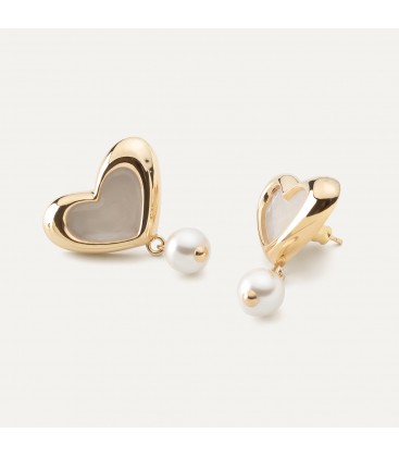 Heart earrings with white resin and pearl, sterling silver 925