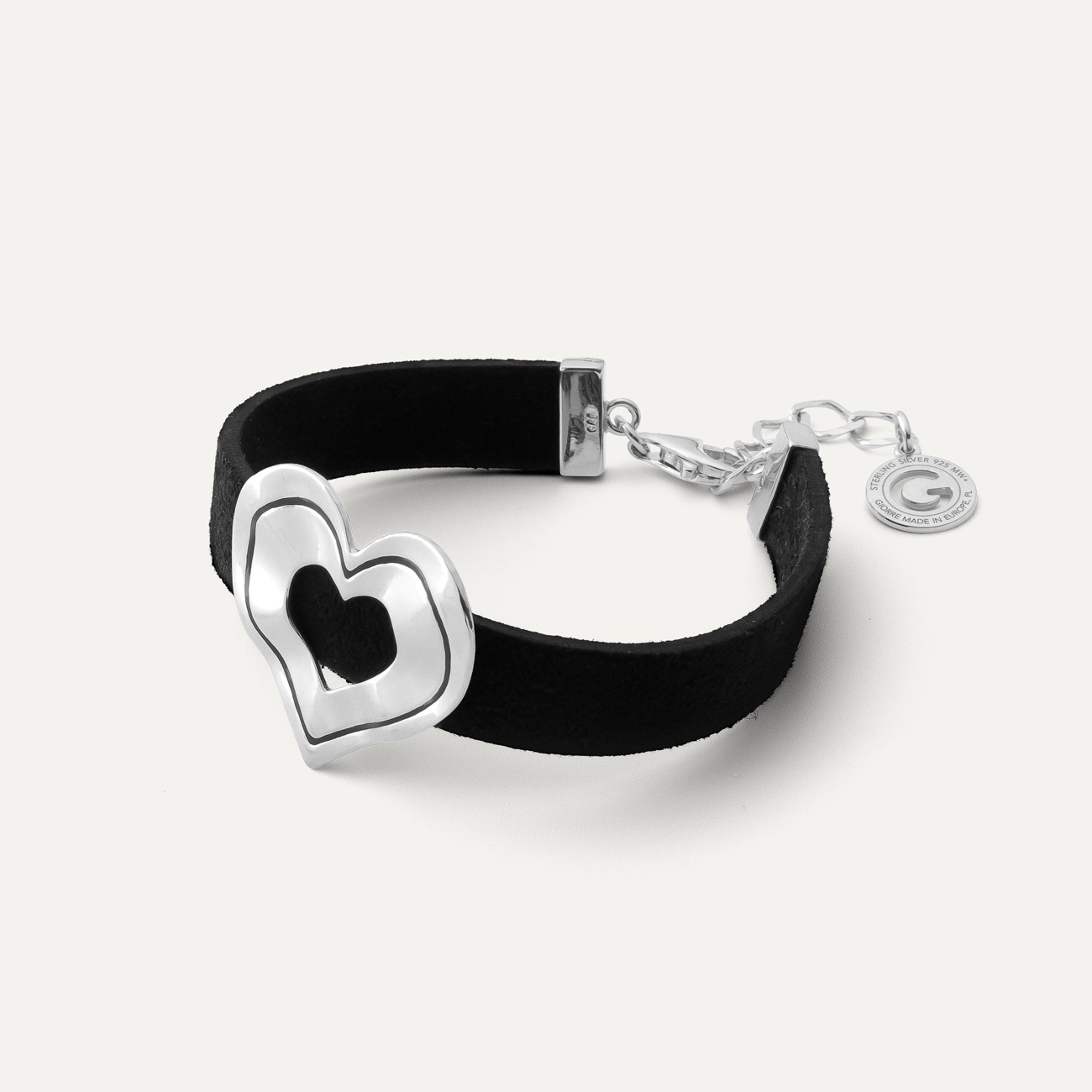 Alcantara bracelet - heart with black resin, sterling silver 925
