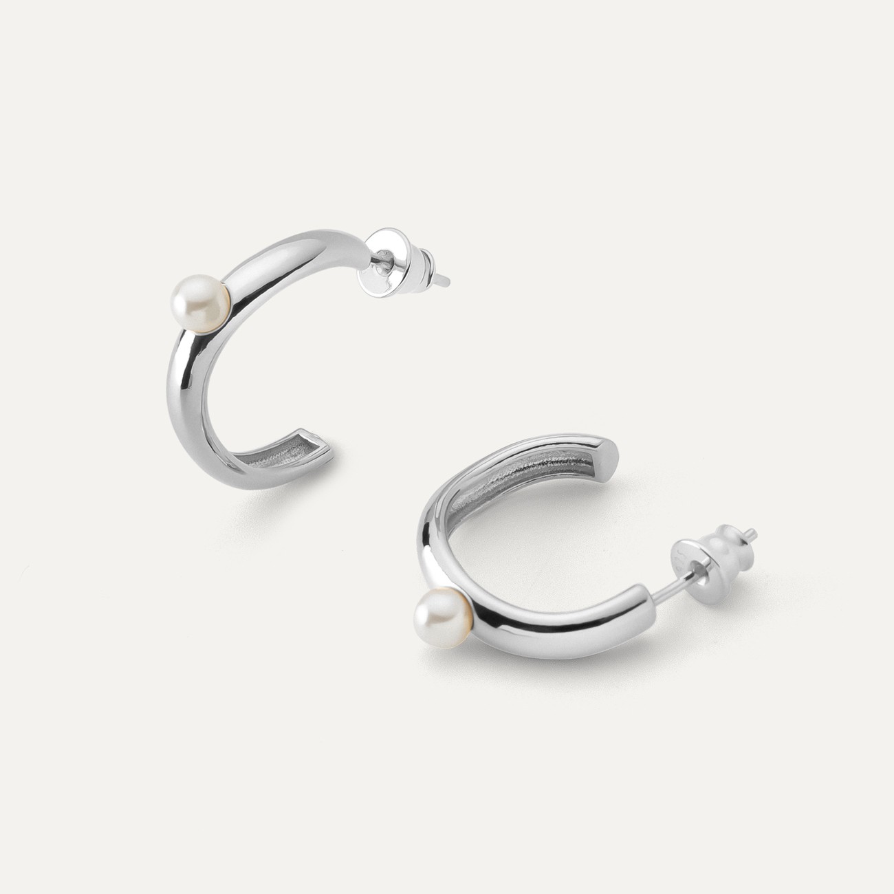 Silver semicircle earrings with pearl, sterling silver 925
