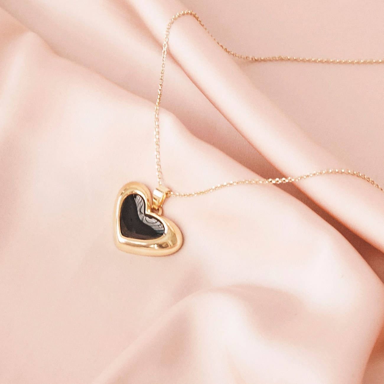 Black resin asymmetrical heart necklace, sterling silver 925