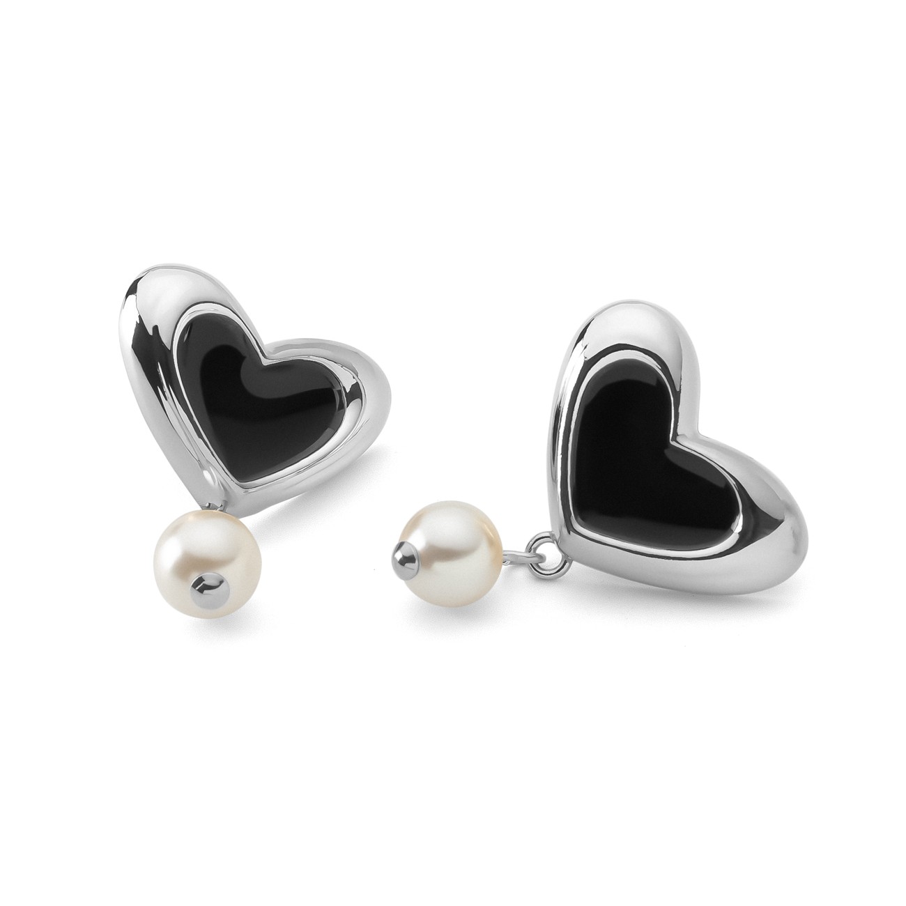 Heart earrings with black resin and pearl, sterling silver 925