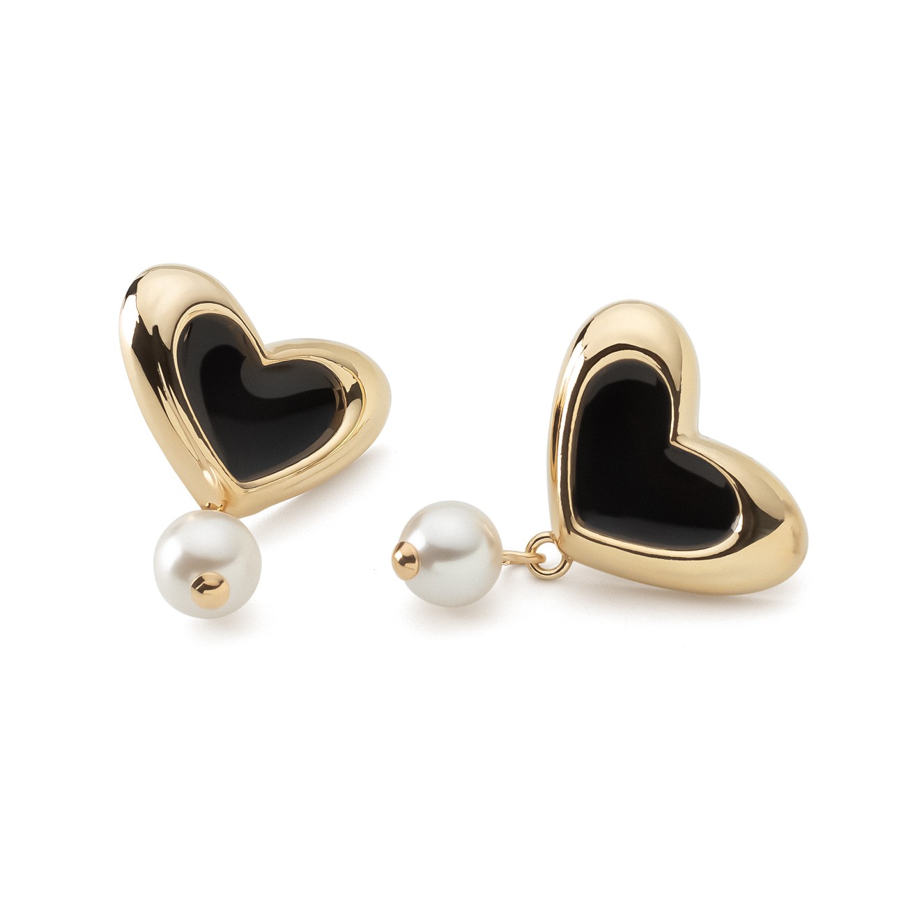 Heart earrings with black resin and pearl, sterling silver 925