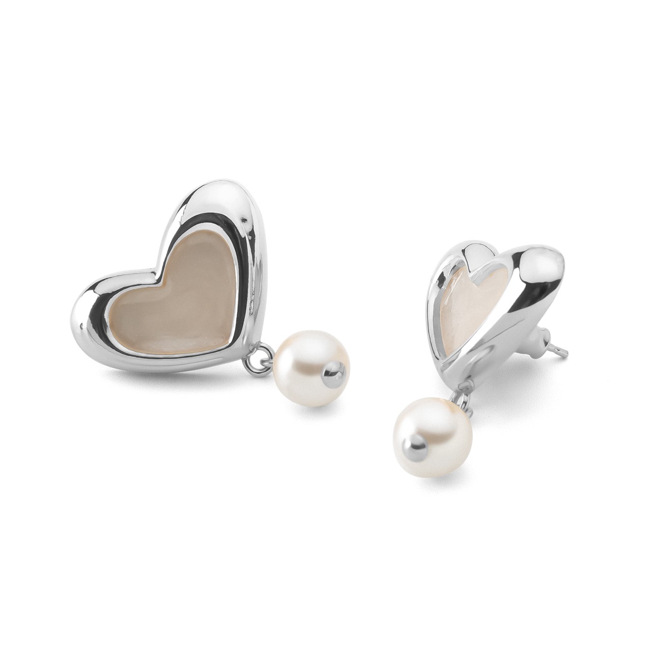 Kolczyki serca z białą żywicą i perłą, srebro 925
