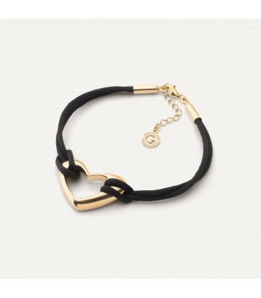 Black string bracelet with heart, sterling silver 925