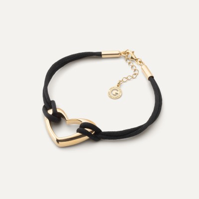 Black string bracelet with heart, sterling silver 925