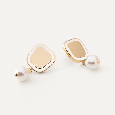 Square earrings with white resin and pearl, sterling silver 925