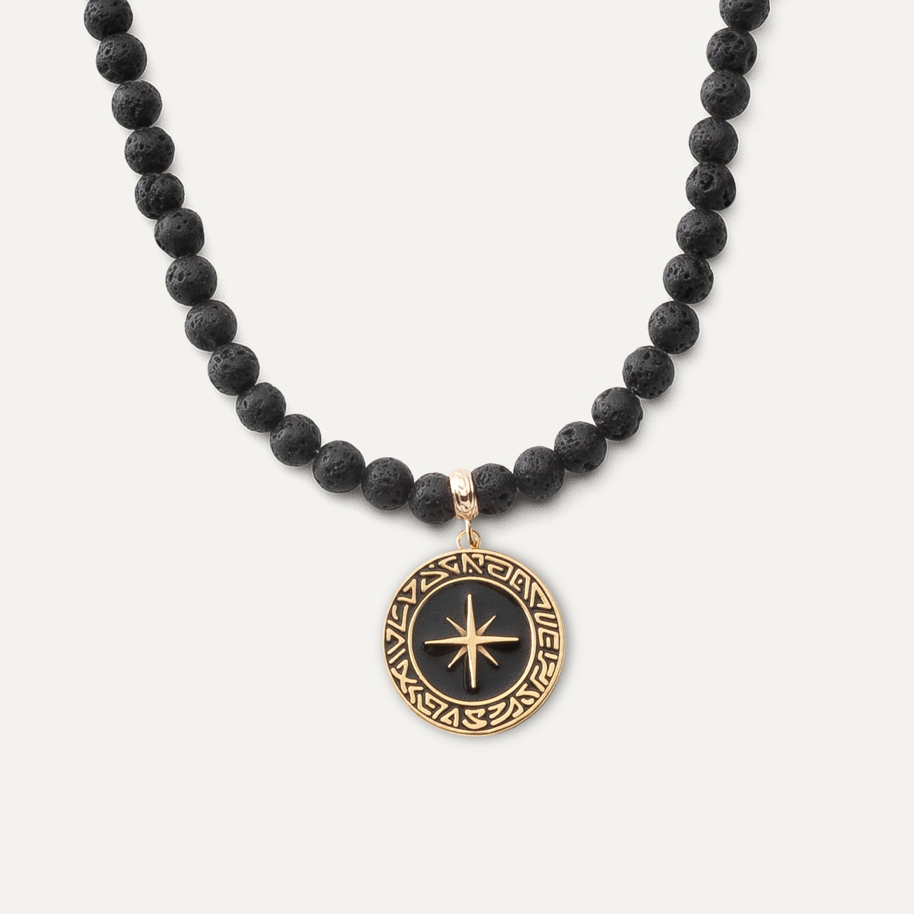 Men's necklace - volcanic lava, compass pendant, sterling silver 925
