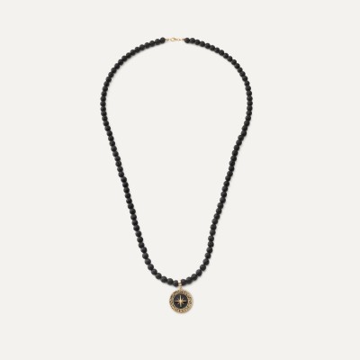Men's necklace - volcanic lava, compass pendant, sterling silver 925