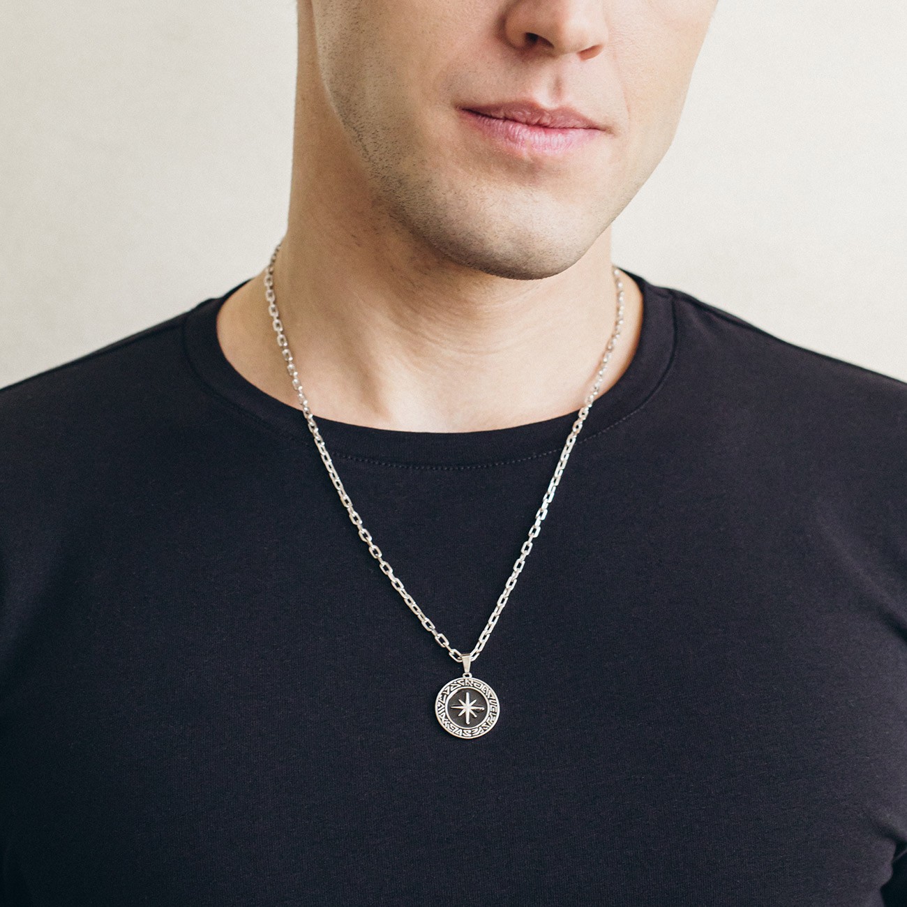 Men's compass necklace, silver 925