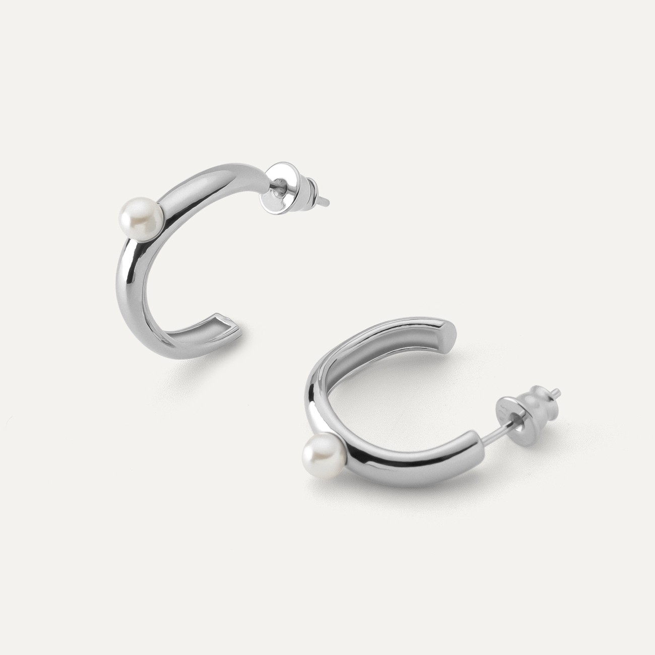 Silver semicircle earrings with pearl, sterling silver 925