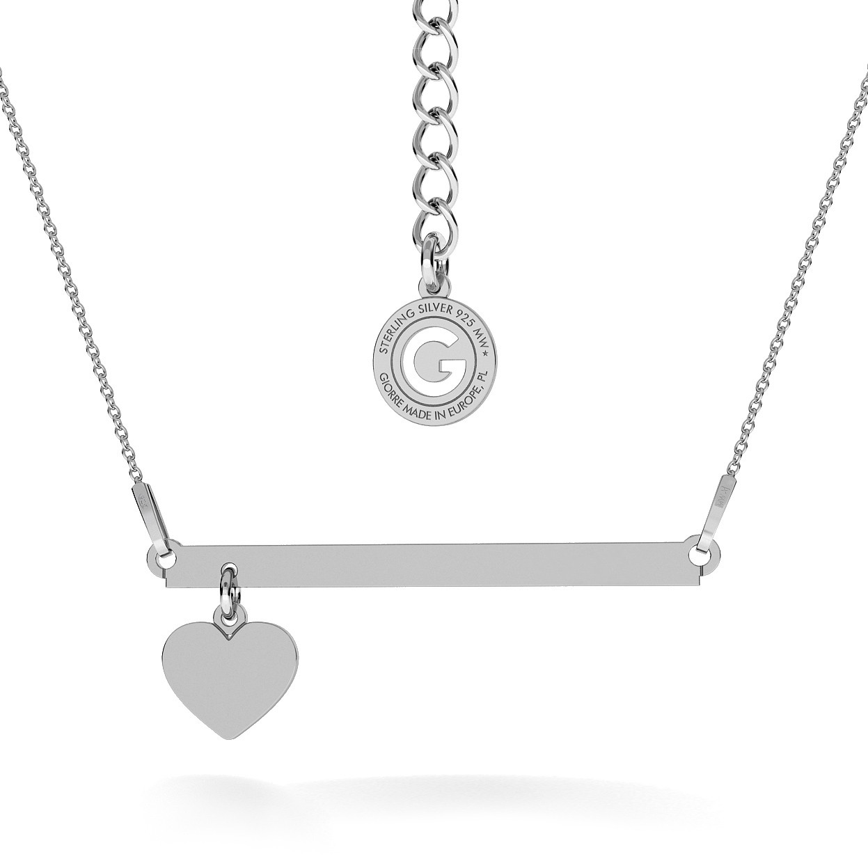 NECKLACE WITH HEART & RECTANGLE BAR, YOUR ENGRAVE, RHODIUM OR 24K / 18K GOLD PLATED