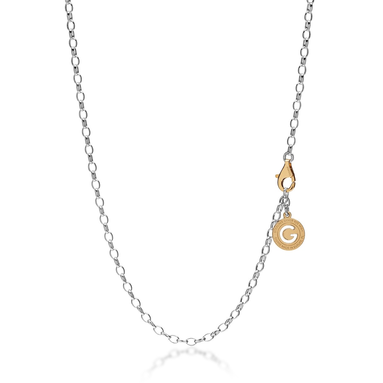 Sterling silver necklace 55-65 cm, yellow gold clasp, link 4x9 mm