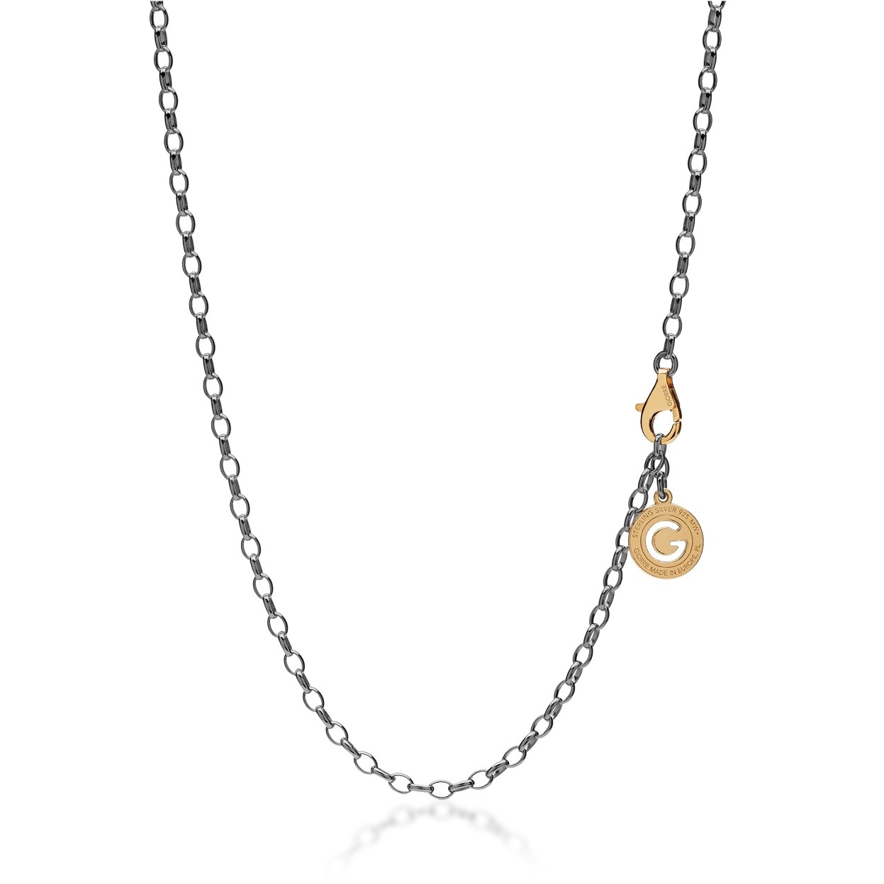 Sterling silver necklace 55-65 cm black rhodium, yellow gold clasp, link 4x3 mm