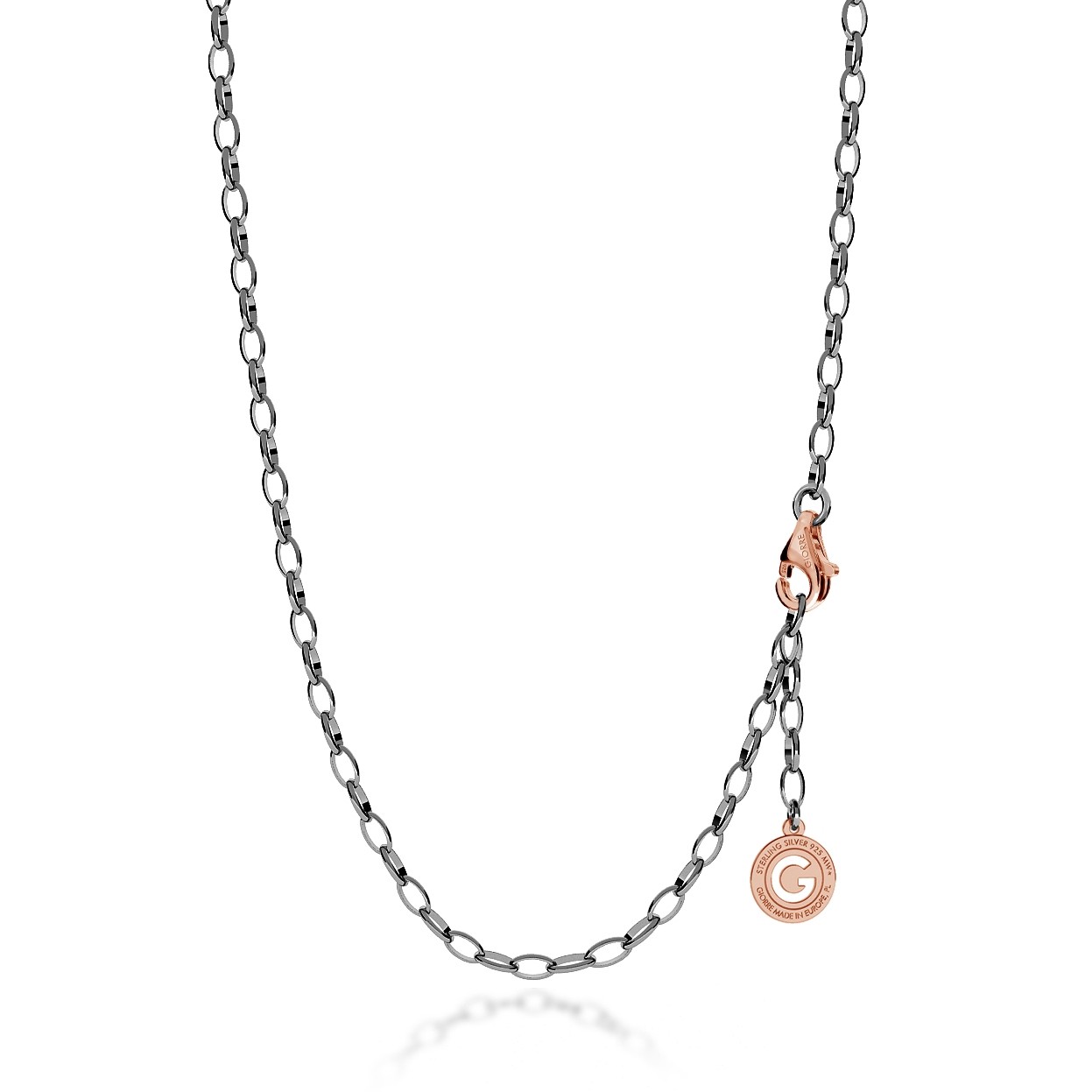 STERLING SILVER NECKLACE 55-65 CM BLACK RHODIUM, PINK GOLD CLASP, LINK 6X4 MM