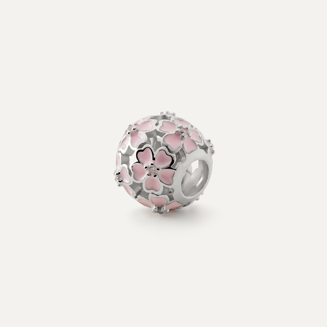 Ajour-Kugel Beads mit rosa Blumen, Silber 925 mit Platin beschichtet