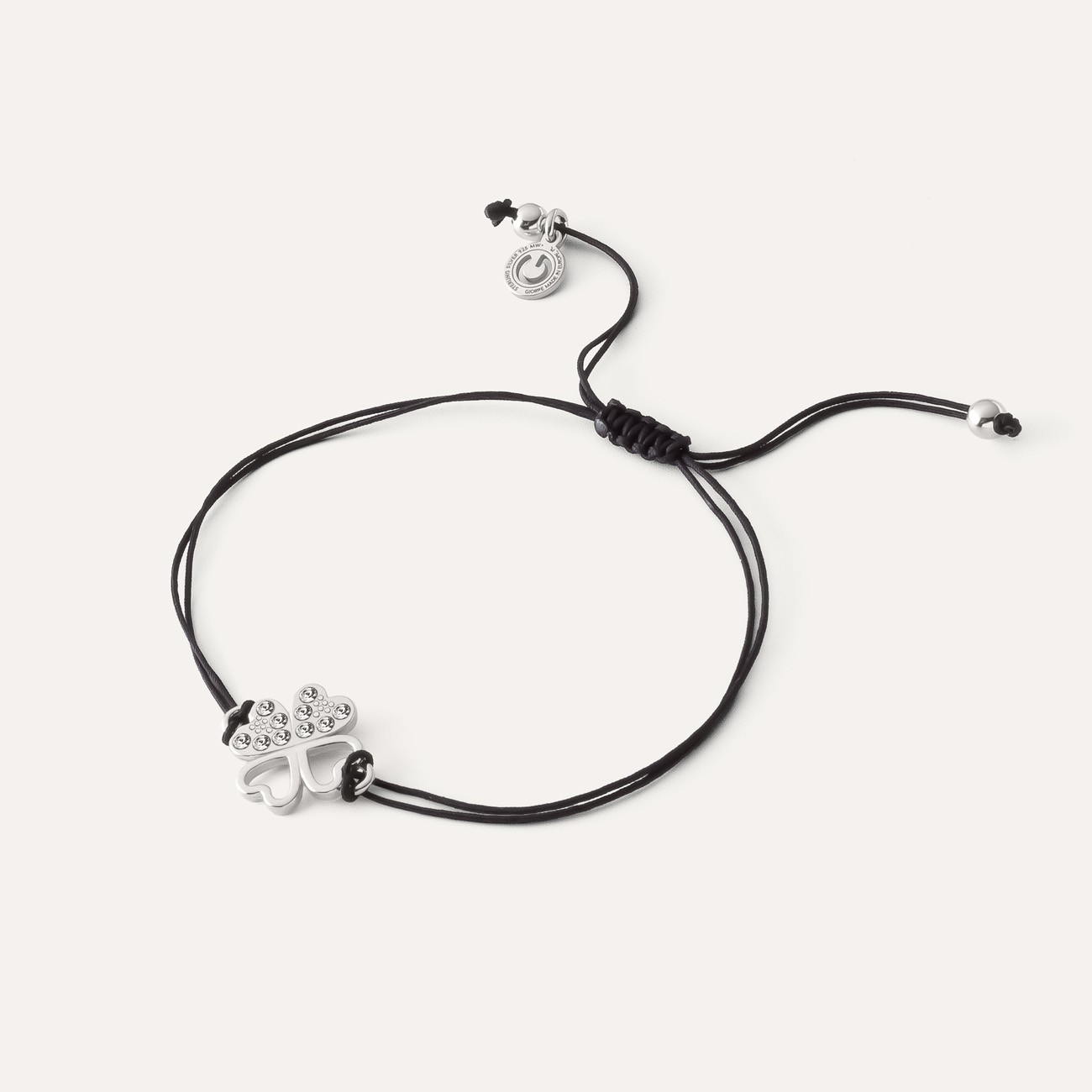 Clovers bracelet with cubic zirconia on cord, sterling silver 925 platinum plated