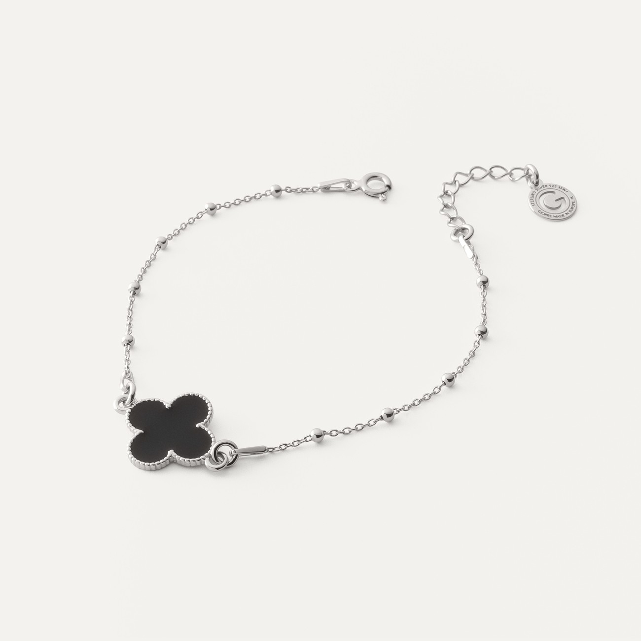 Bracelet clover made of black resin on beaded chain, Sterling Silver 925 Plated with Platinum