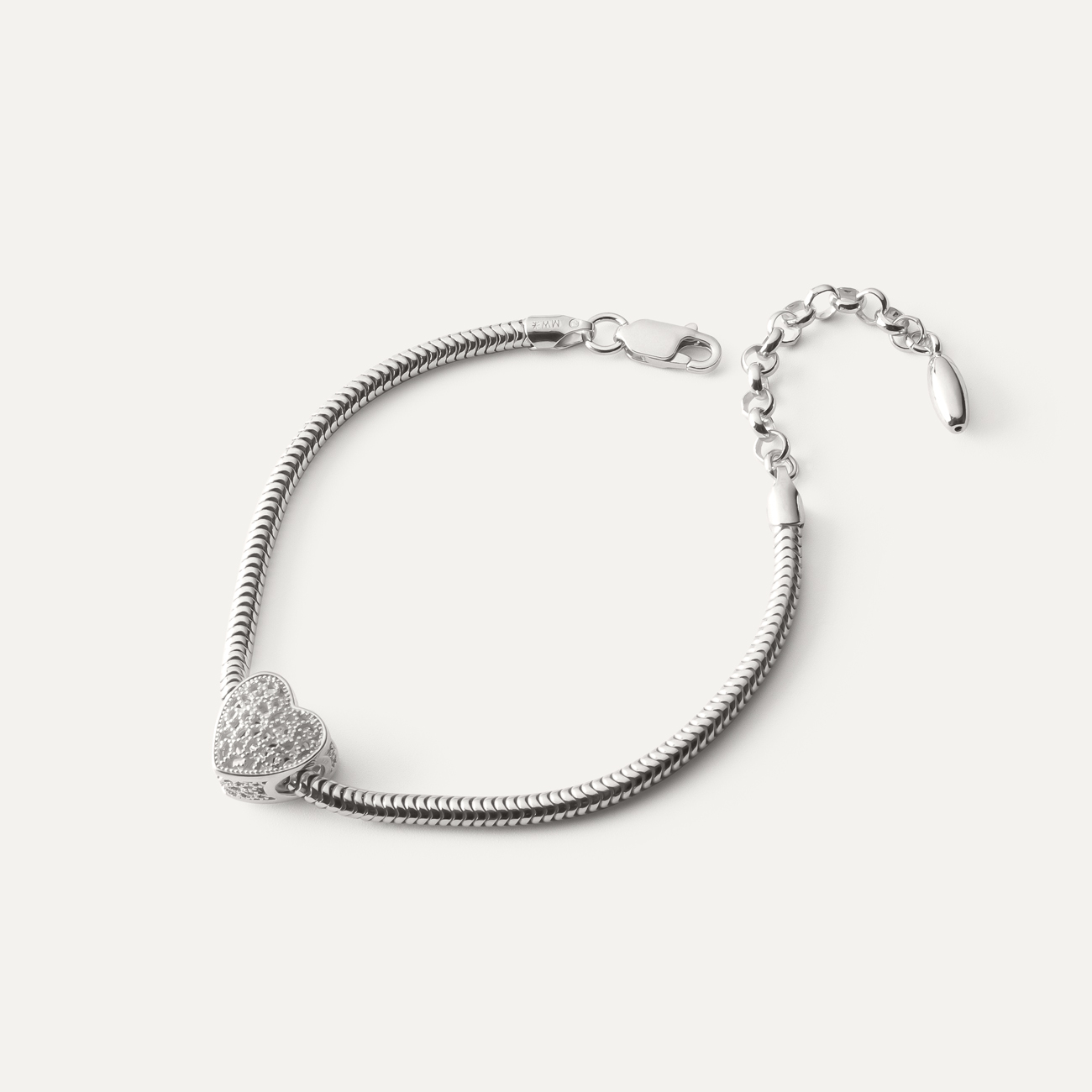 Bracelet with Filigree Heart on Snake Chain, Sterling Silver 925 Plated with Platinum