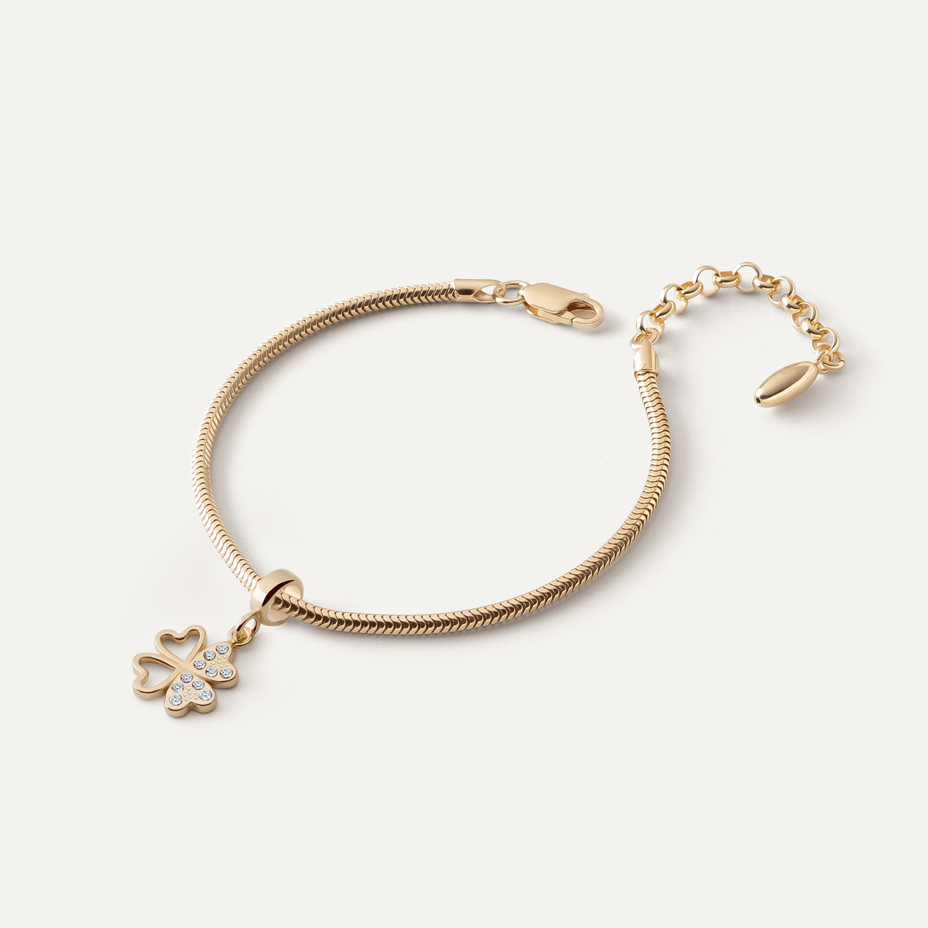 Slim Bracelet with Beads Pendant – Clover with Cubic Zirconia, Sterling Silver 925, gold plated