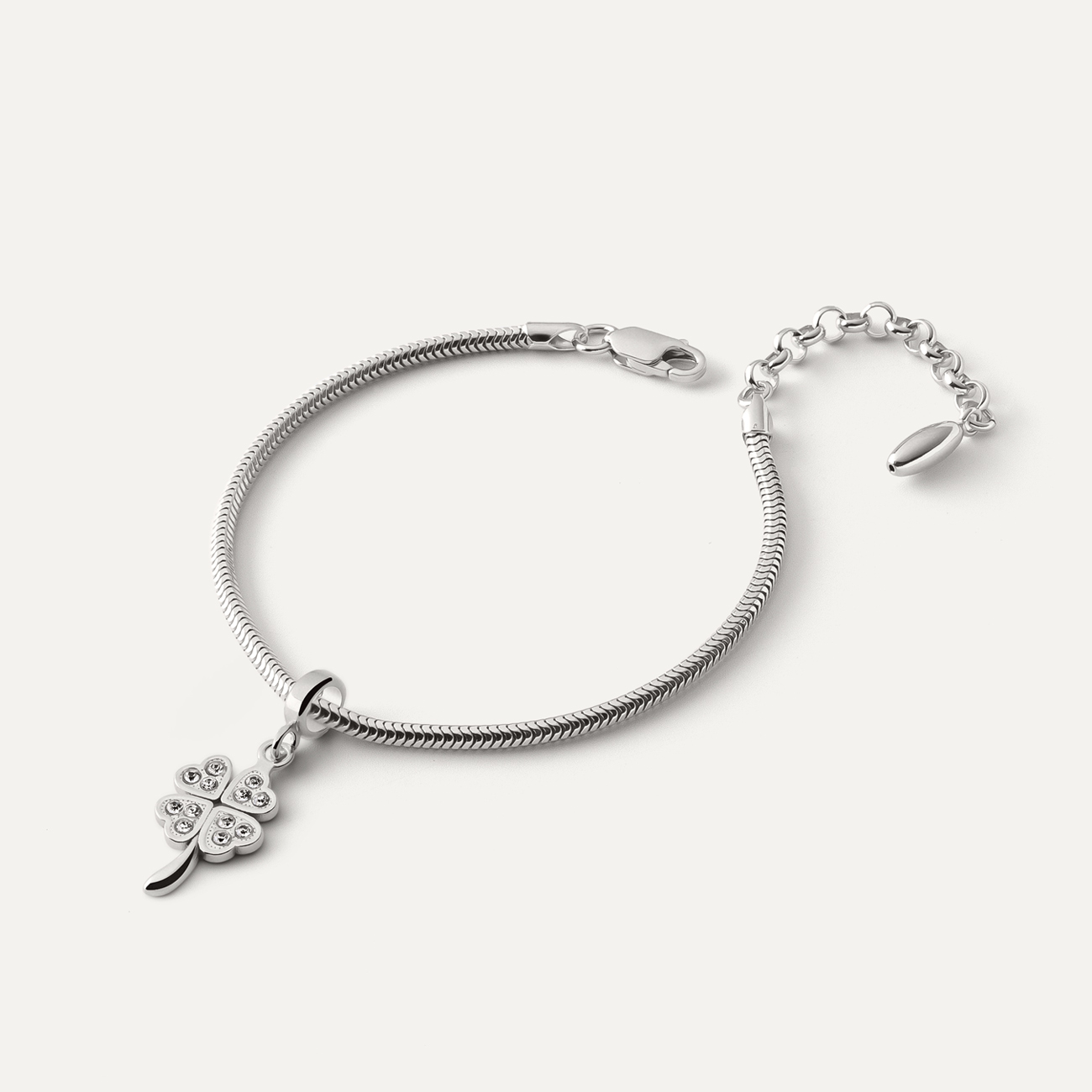 Slim Bracelet with Beads Pendant – Clover with Cubic Zirconia and Stem, Sterling Silver 925 Plated with Platinum