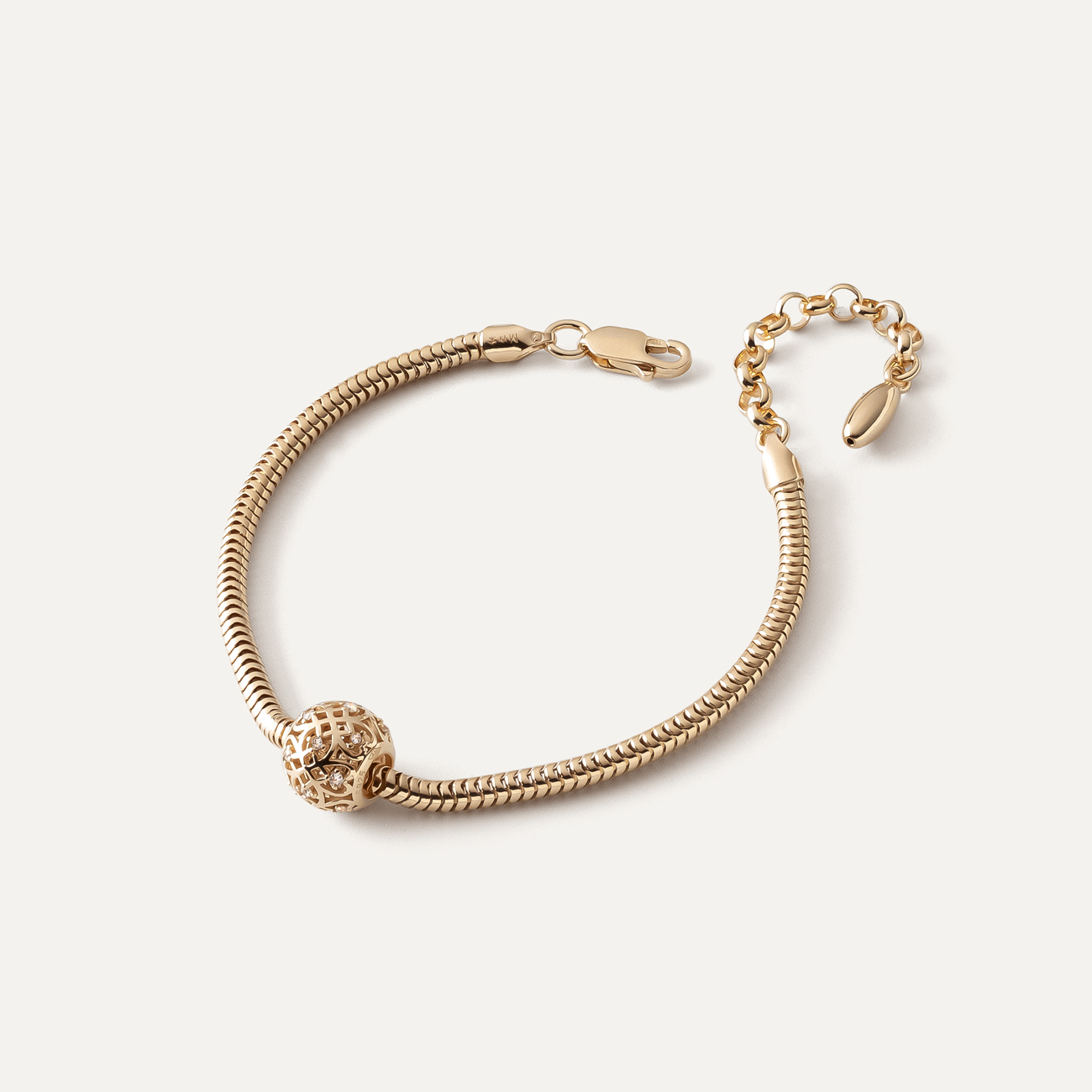Bracelet with filigree bead with cubic zirconia, Sterling Silver 925, gold plated