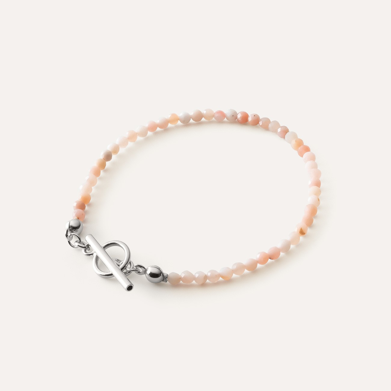 Bracelet made of pink opal beads with toggle clasp, sterling silver 925 platinum plated