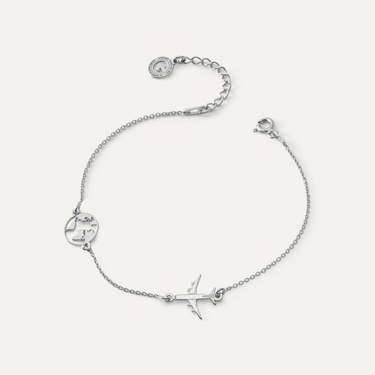 Bracelet - globe and plane, sterling silver 925 platinum plated