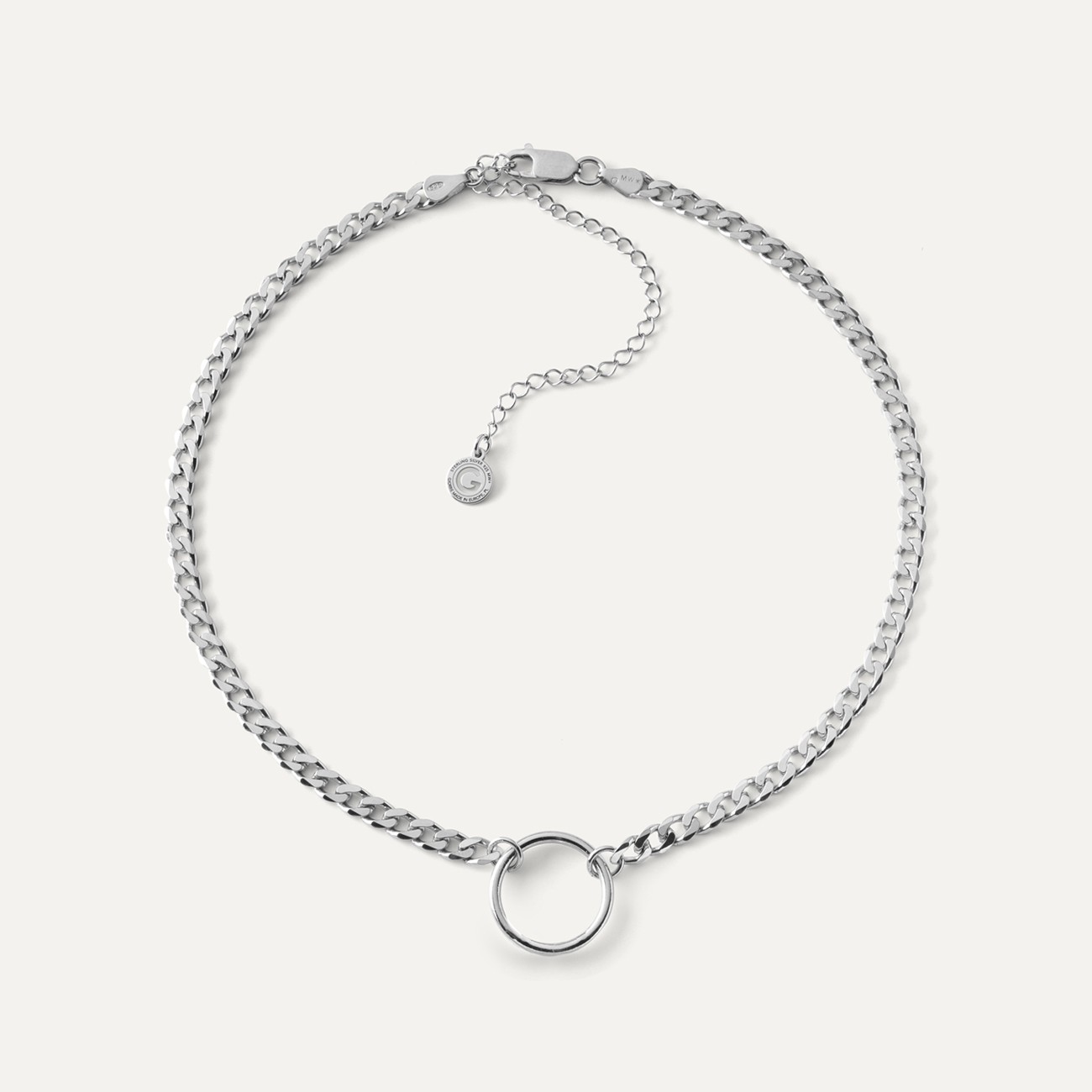 Choker curb chain with a ring, sterling silver 925 platinum plated