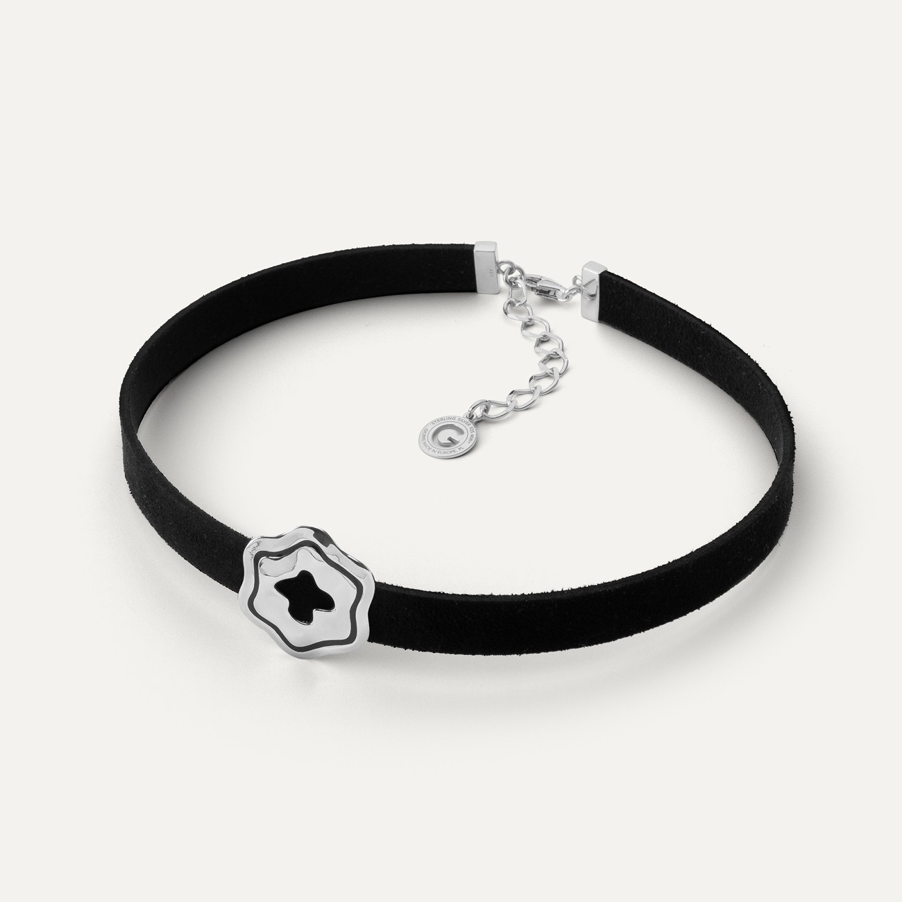 Choker with silver flower - black resin, sterling silver 925, platinum plated