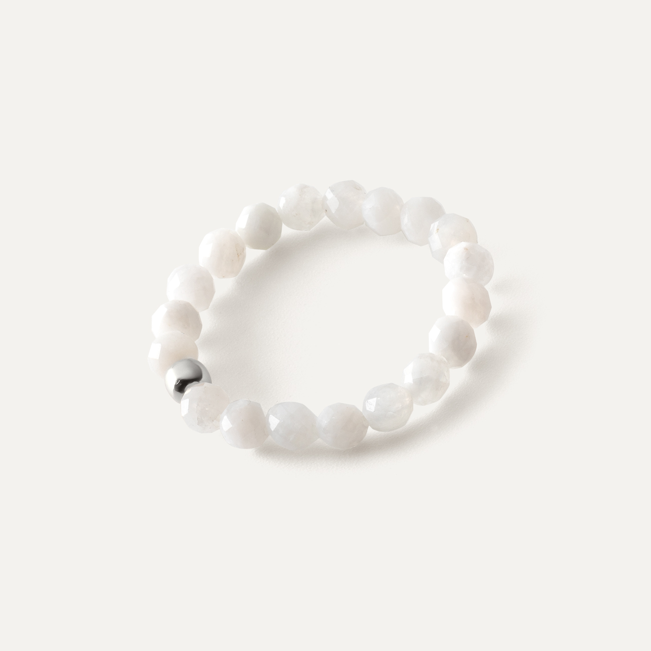 Elastic ring with white stones and bead, Sterling Silver 925 Plated with Platinum