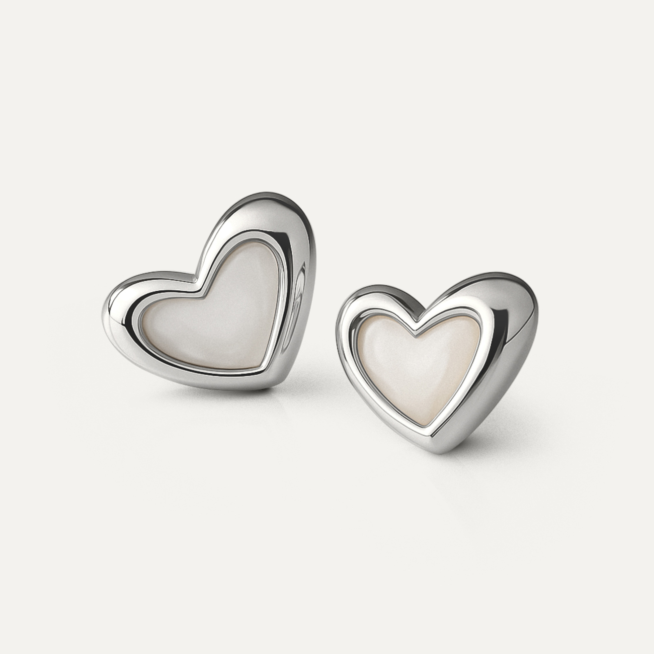 Asymmetrical heart earrings with white resin, sterling silver 925, platinum plated