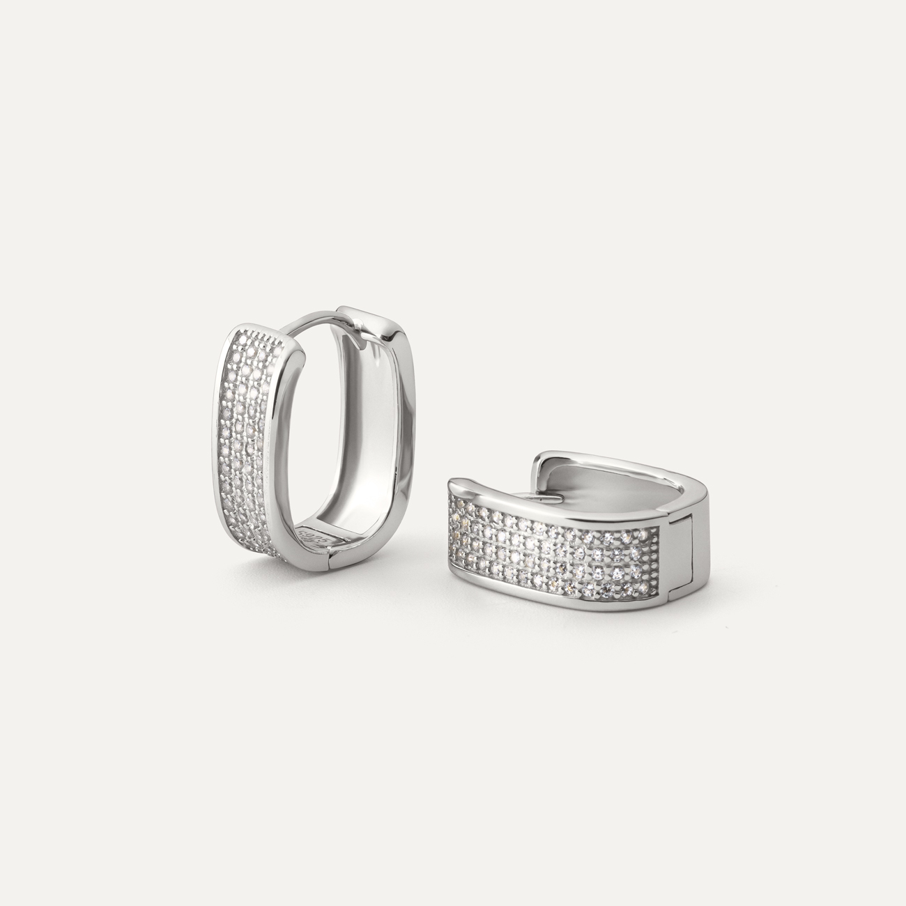 Geometric huggie earrings with cubic zirconia, Sterling Silver 925 Plated with Platinum