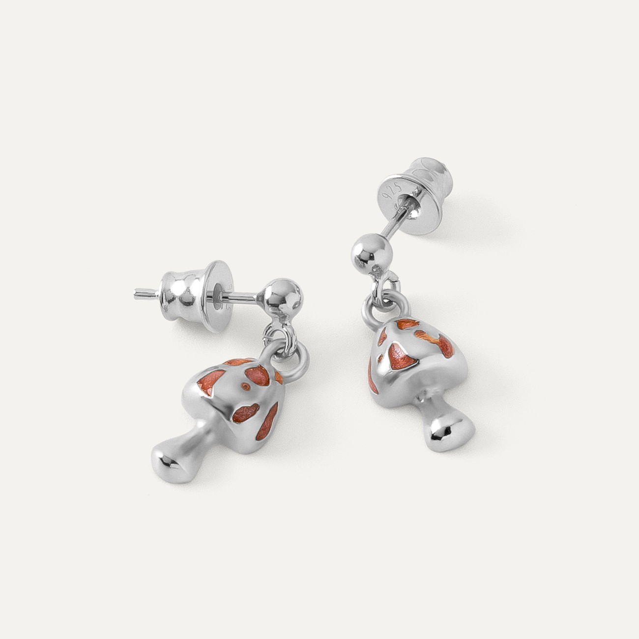 Mushroom earrings, sterling silver 925 platinum plated