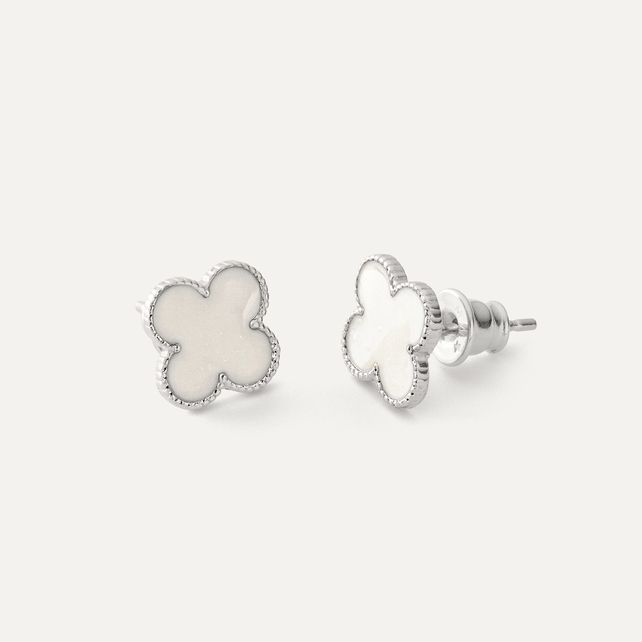 Stud earrings with white resin clover, sterling silver 925 platinum plated