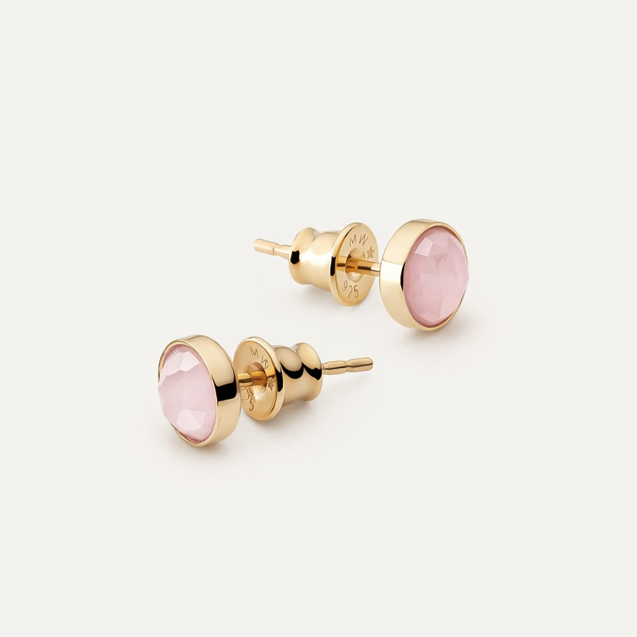 Stud earrings with pink agate, silver 925 gold plated
