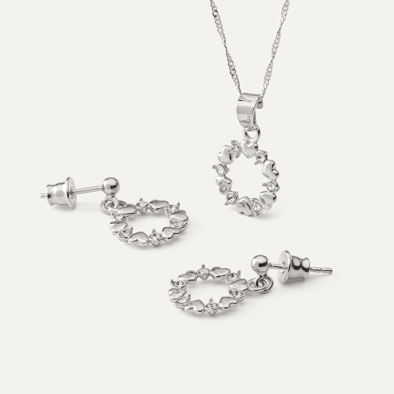 Necklace and Earrings Set – Heart Wreath with Zirconia, Sterling Silver 925 Plated with Platinum