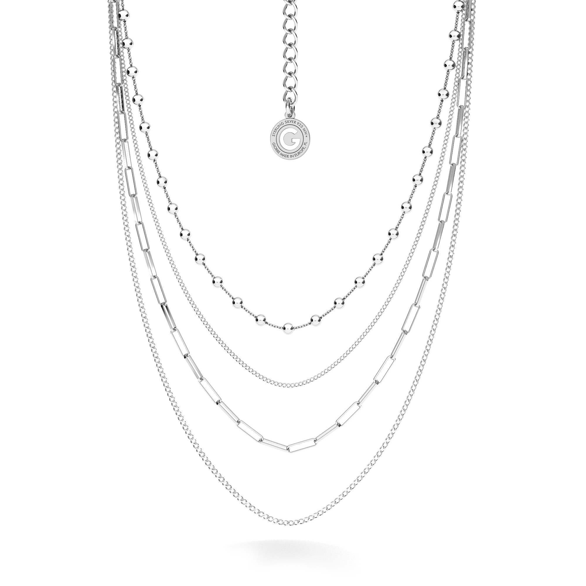 Silver cascade necklace made of chains platinum plated