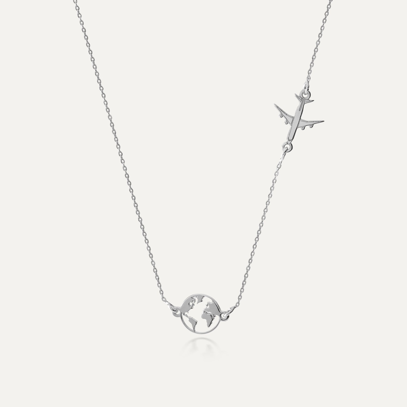 Necklace - Globe with plane, sterling silver 925 platinum plated