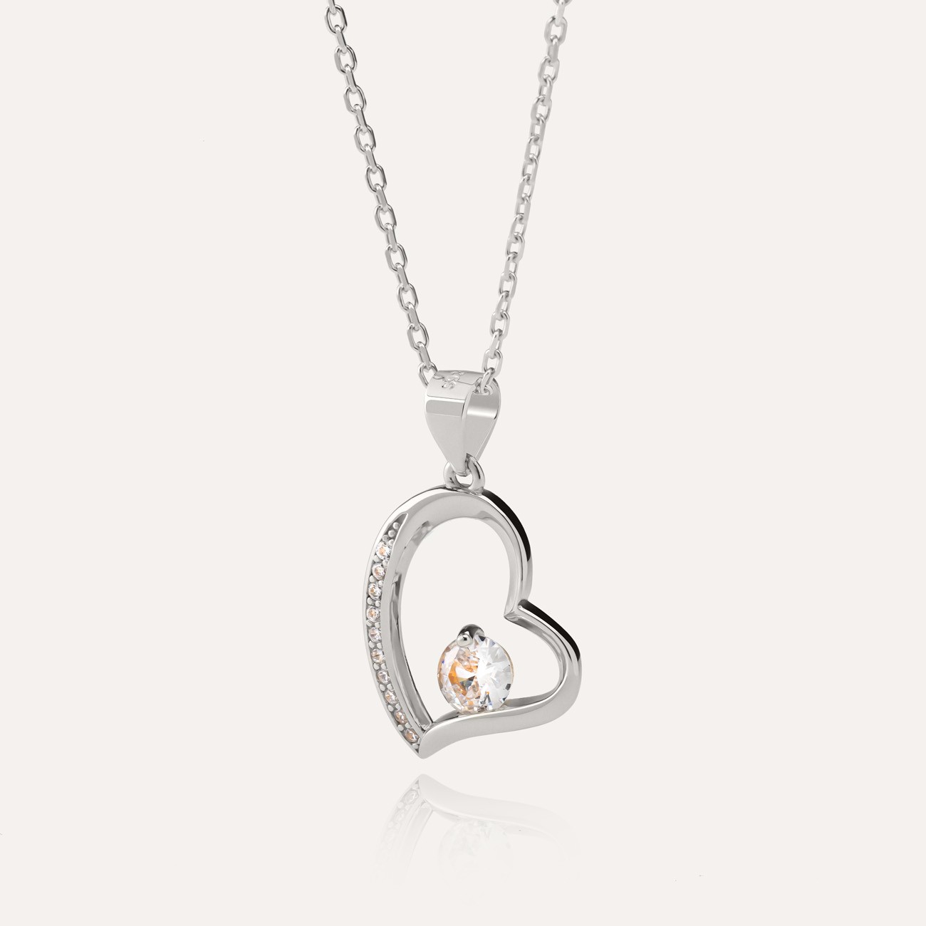 Heart necklace with zircons and crystal, sterling silver 925 platinum plated