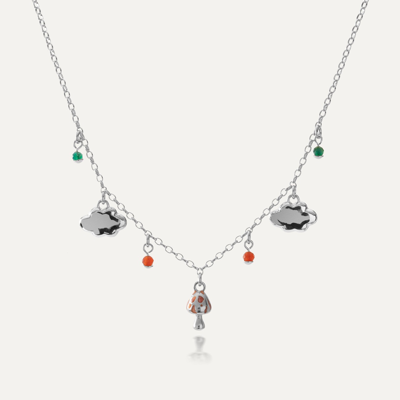 Mushroom and gemstone necklace,sterling silver 925 platinum plated