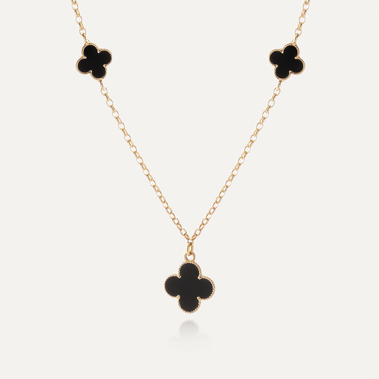 Halskette mit Kleeblättern aus schwarzem Harz, 925er Silber mit Vergoldung