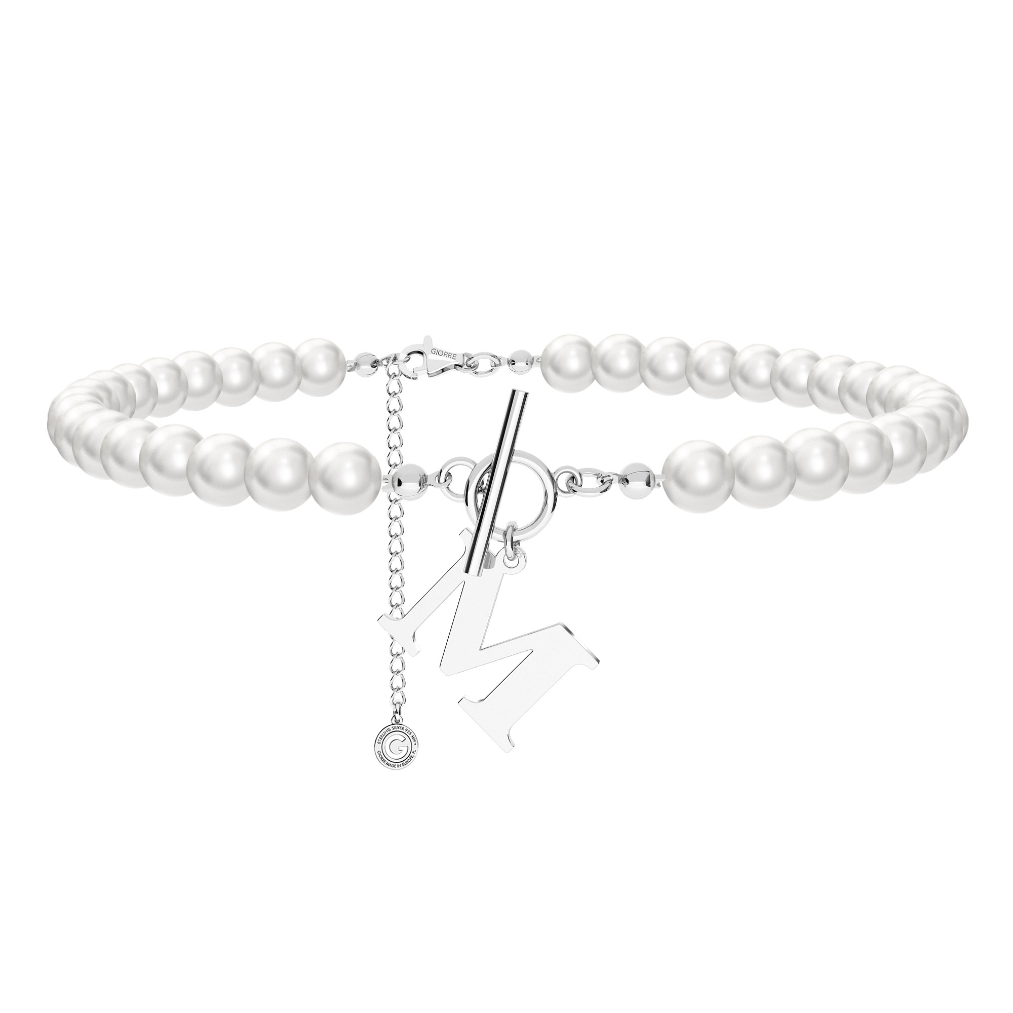 Pearl choker with letter, 925 silver, platinum plated