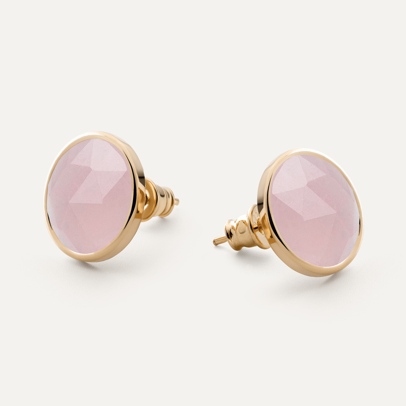 Silver stud earrings with Rose Cut stone - rose quartz gold plated