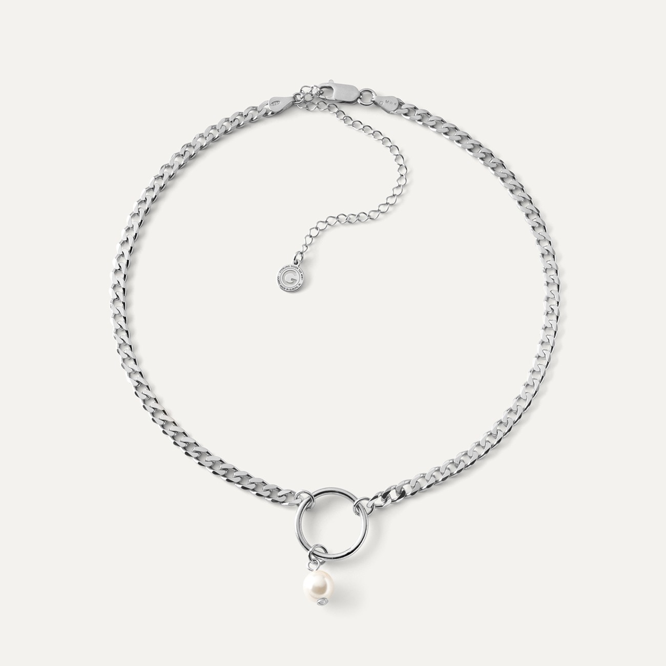 Choker necklace with a pearl pendant, silver 925 platinum plated