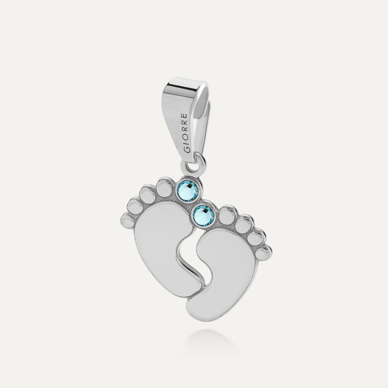 Engraved baby foot charm - Aquamarine, 925 silver with platinum plating