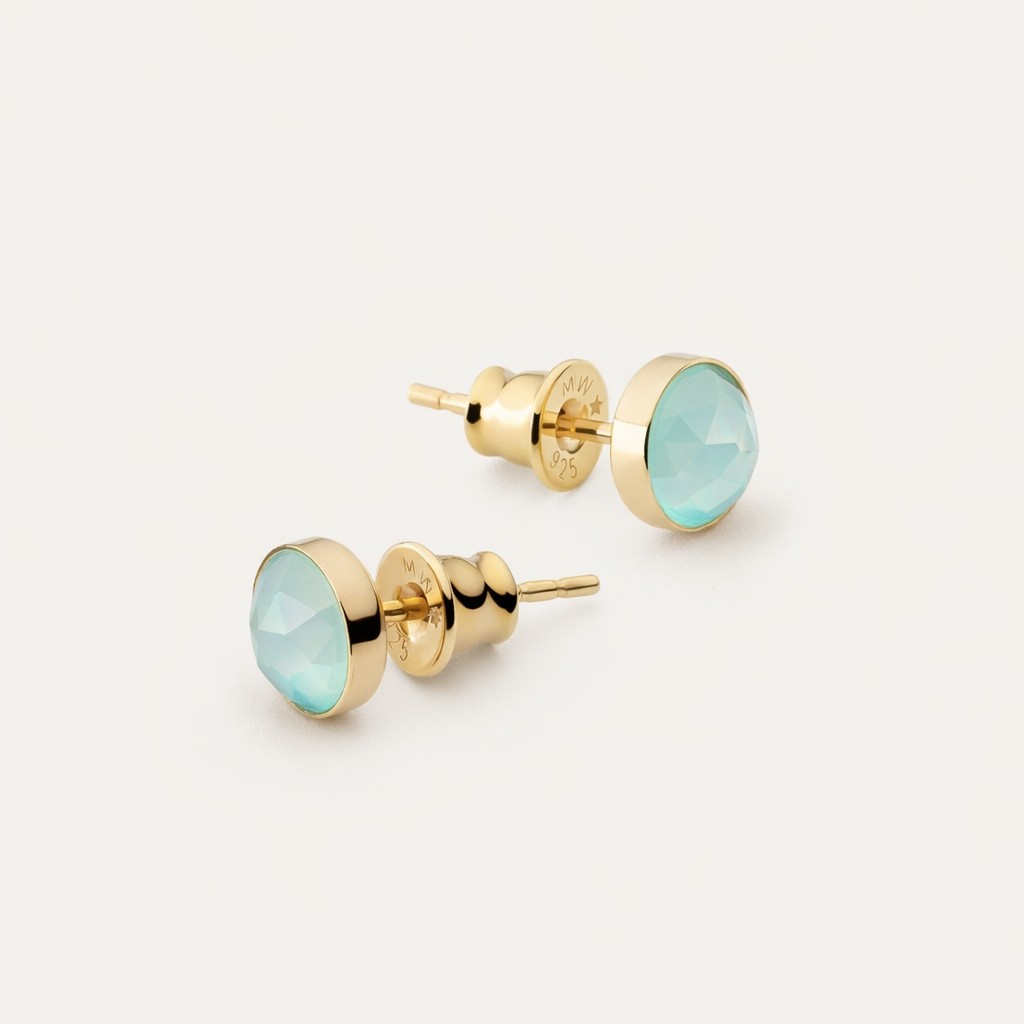 Stud earrings with aqua agate, silver 925 gold plated