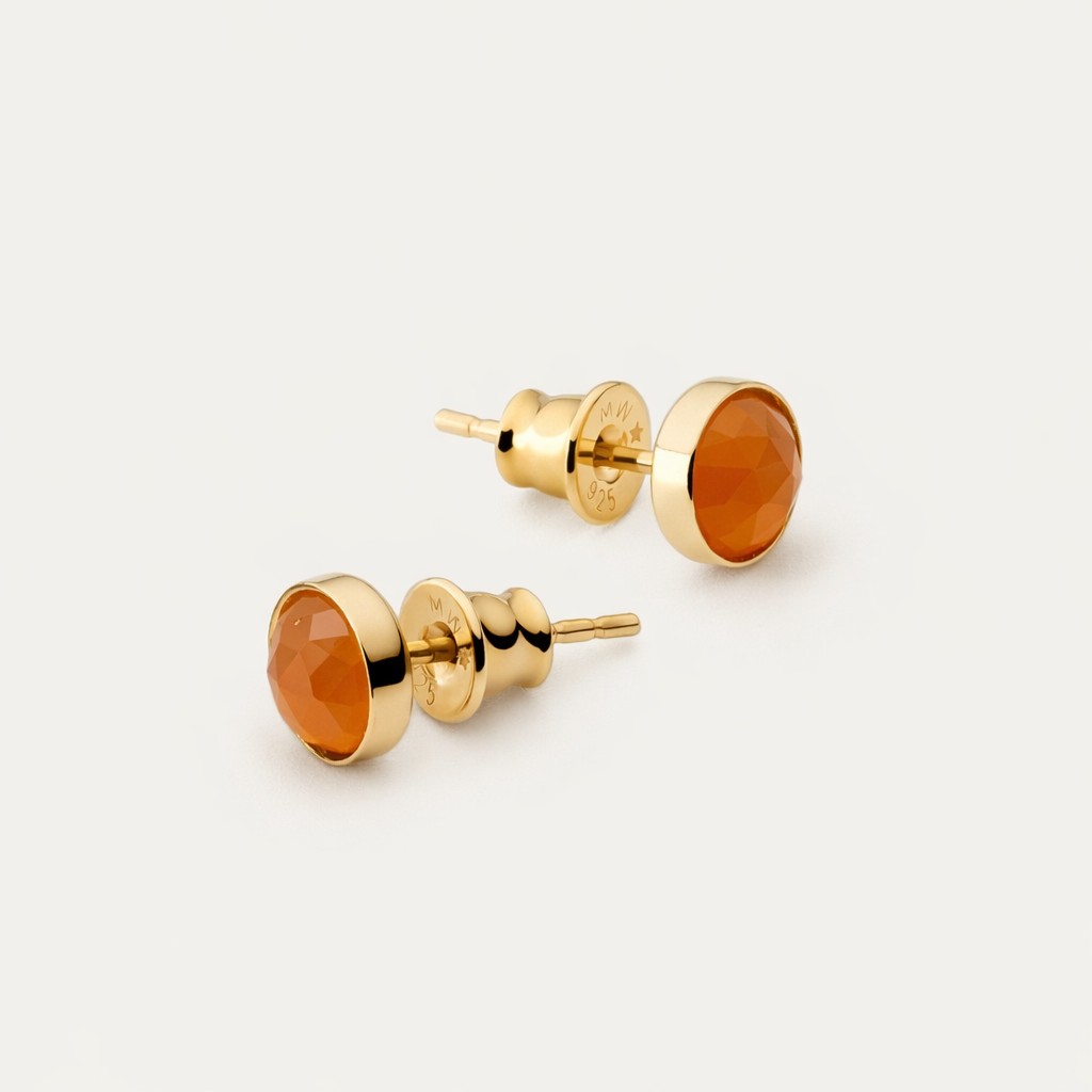 Stud earrings with carnelian agate, silver 925 gold plated