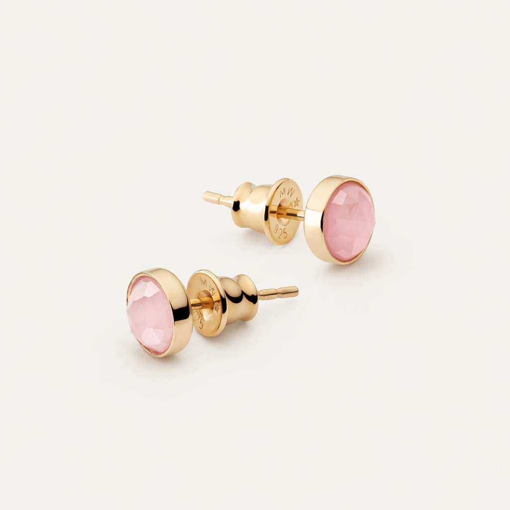 Stud earrings with pink agate, silver 925 gold plated